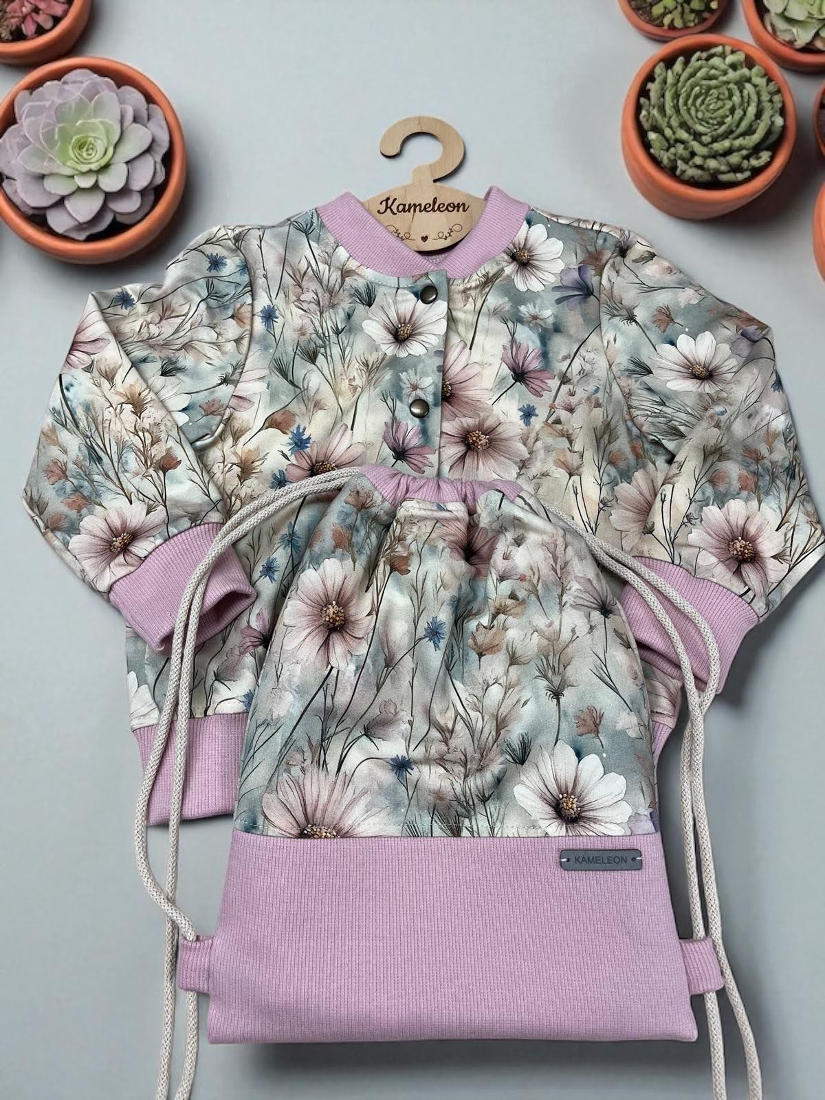 Zestaw handmade: bluza z organicznej dresówki premium + worko-plecak z poduszką